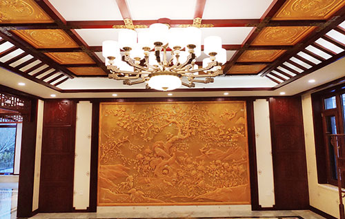 广州中式别墅客厅中式木作横梁吊顶装饰展示
