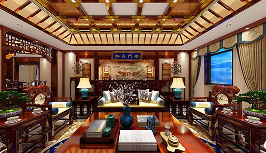 广州书香气息浓厚的中式别墅装修设计效果图