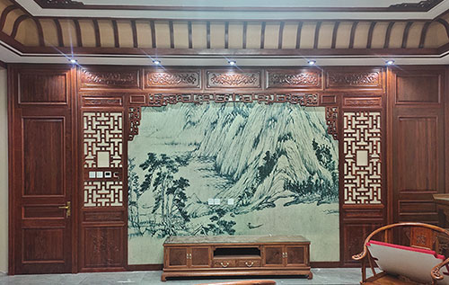 广州中式仿古别墅客厅背景墙花格木作装饰